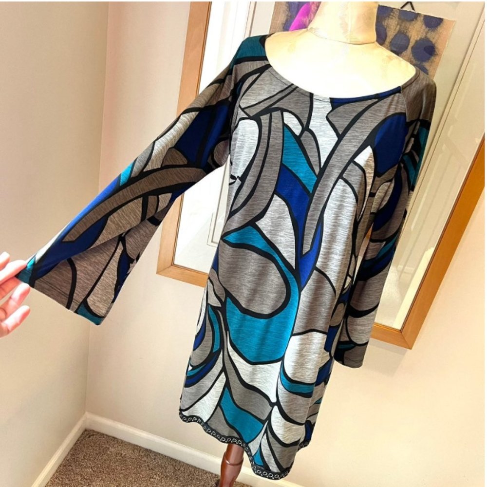 MSK geometric abstract flare bell-sleeve shift dress Petite L